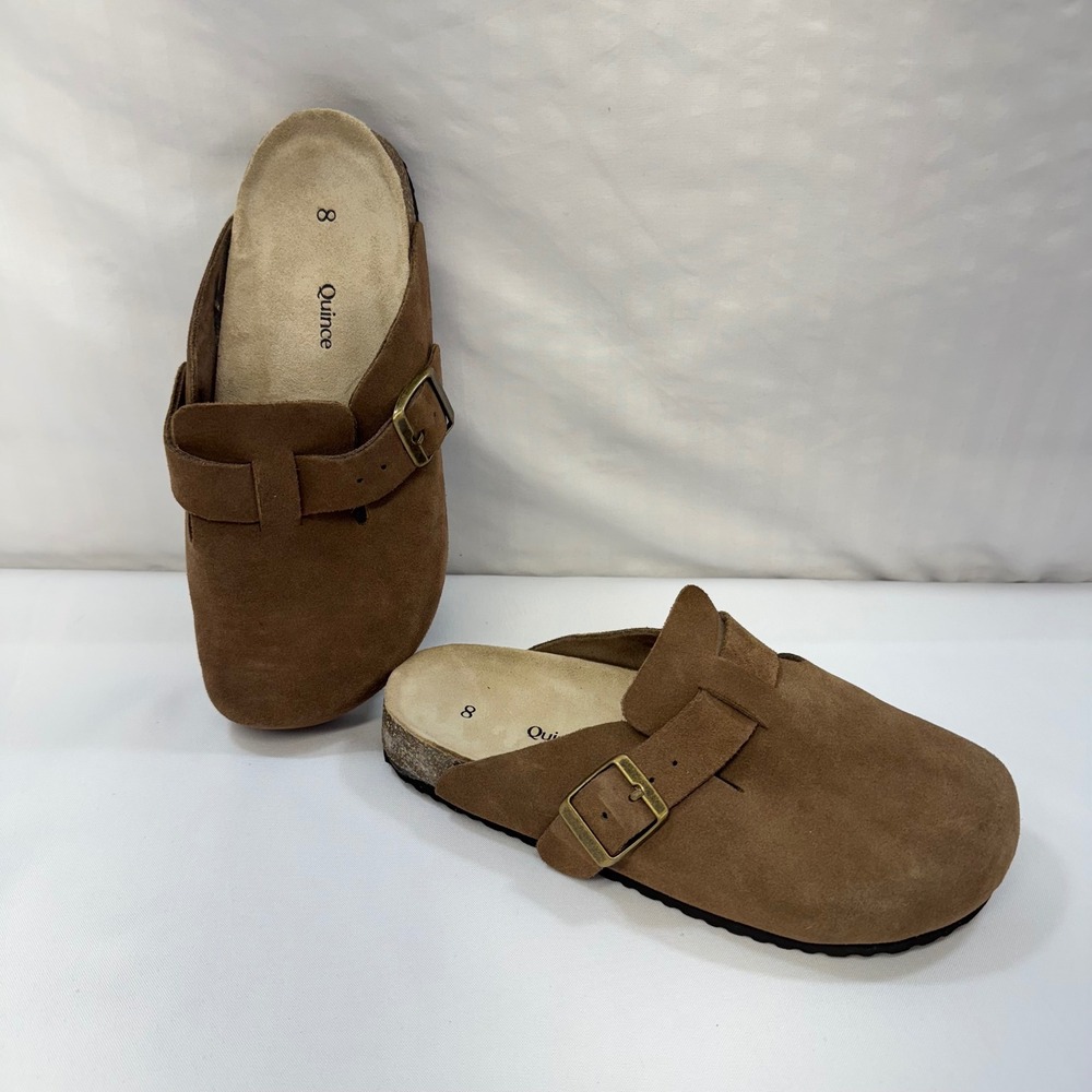 Quince Suede Clog Mules Women Size 8 Brown Buckle Strap Cork Footbed Shoes